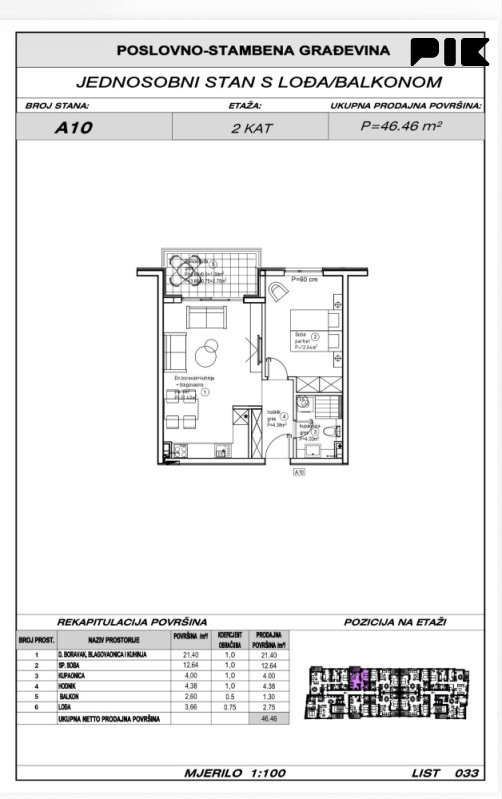 Ljubuški Living / jednosobni stan 46.46m2 A10 u izgradnji 2