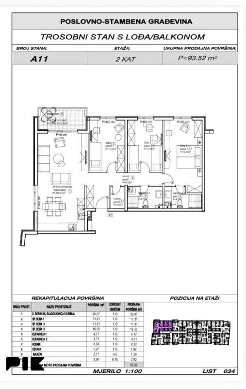 Ljubuški Living /trosobni stan 93.52m2 A11 u izgradnji 2