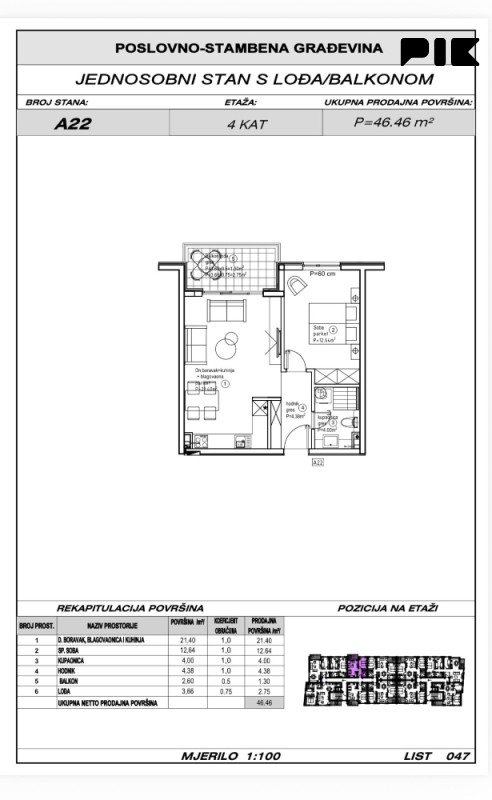 Ljubuški Living / jednosobni stan 46.46m2 A22 u izgradnji 5