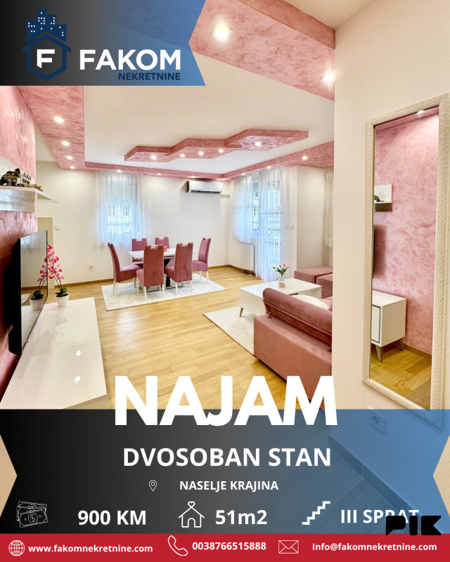 Iznajmljuje se namješten dvosoban stan u naselju Krajina