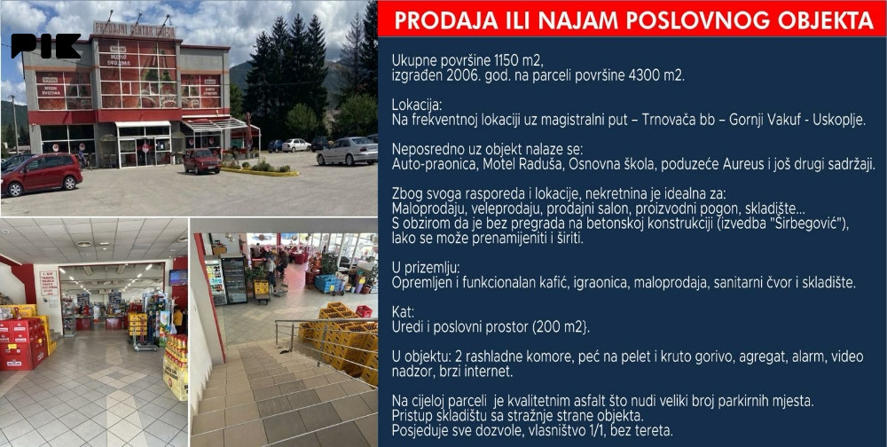 Poslovni prostor Gornji Vakuf-Uskoplje prodaja ili najam