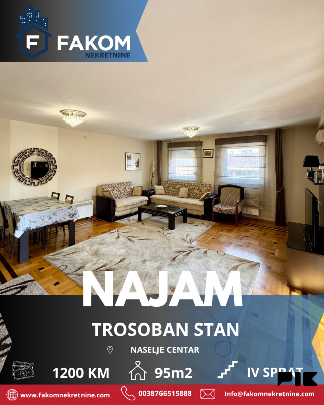 Iznajmljuje se namješten trosoban stan u centru grada