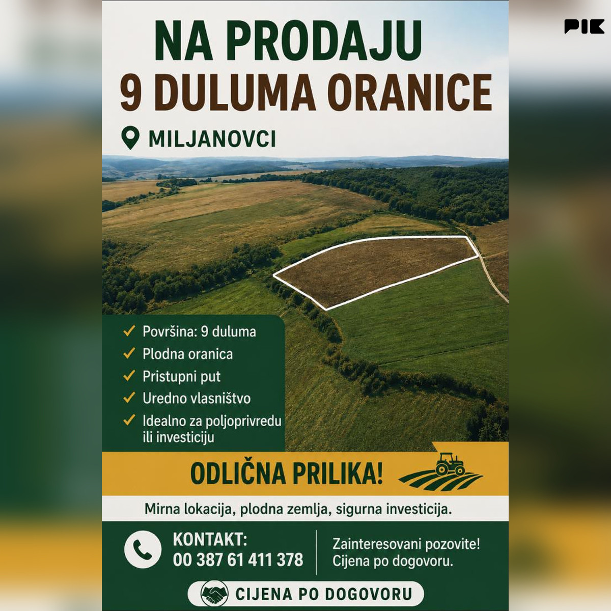 Zemljište Parcela Oranica 9000m2 9 Duluma Miljanovci Kalesija
