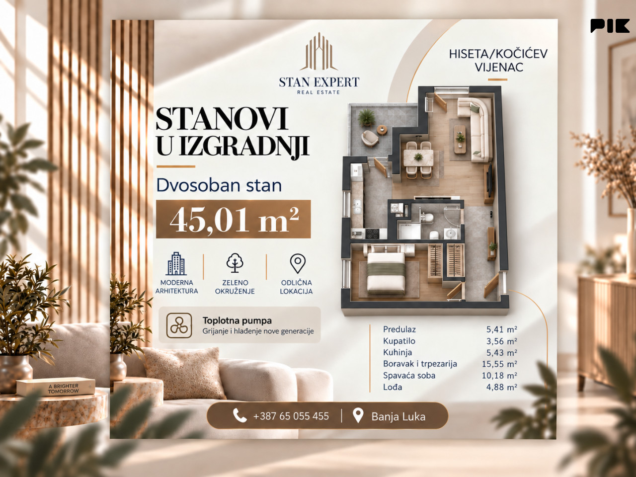 DVOSOBAN STAN 45m2, NOVOGRADNJA HISETA - KOČIĆEV VIJENAC