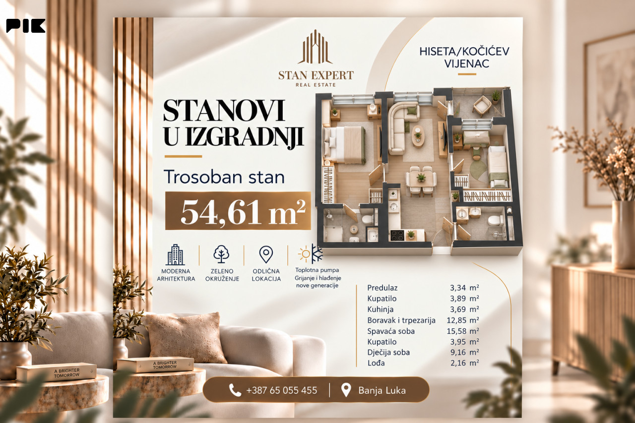 TROSOBAN STAN 54m2, NOVOGRADNJA HISETA - KOČIĆEV VIJENAC