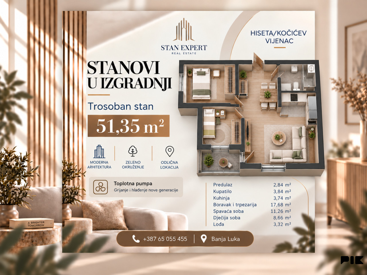 TROSOBAN STAN 51m2, NOVOGRADNJA HISETA - KOČIĆEV VIJENAC