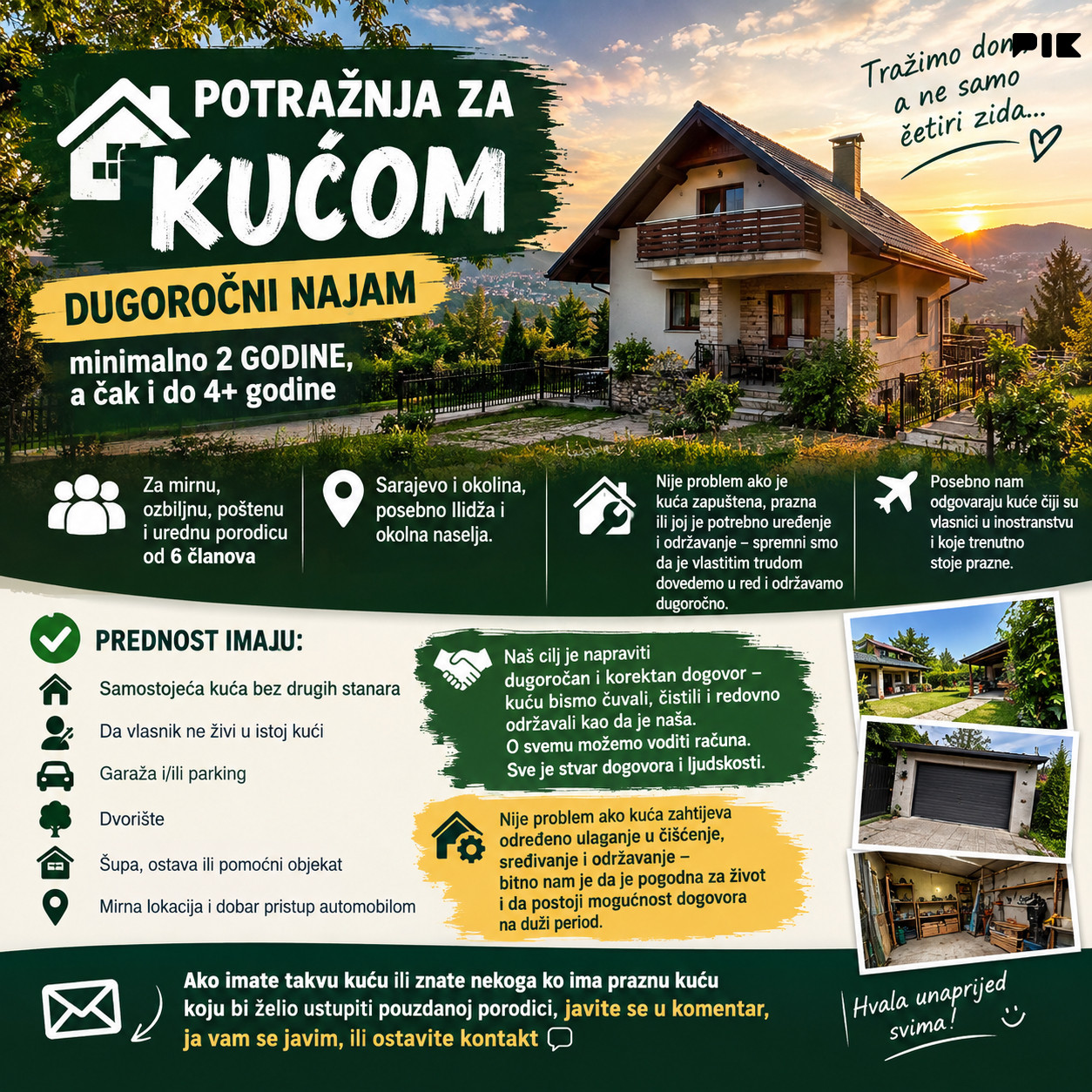 Potrebna kuca na duzi period najam Sarajevo
