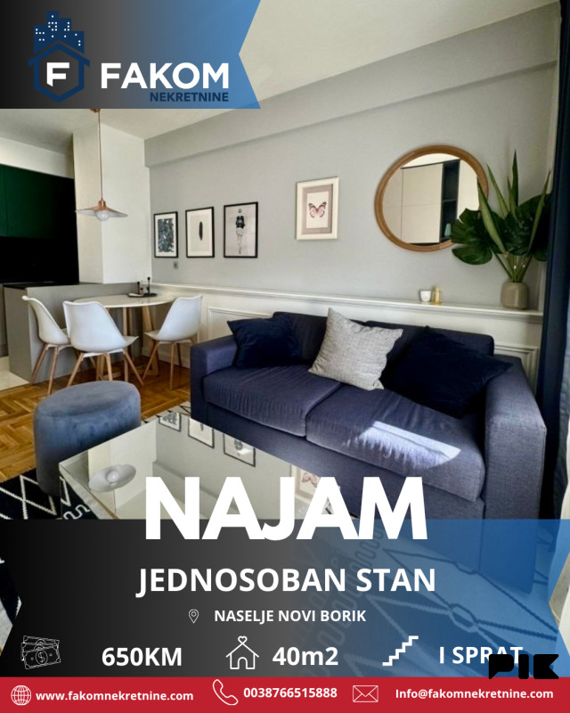 Iznajmljuje se moderan jednosoban stan, naselje Borik