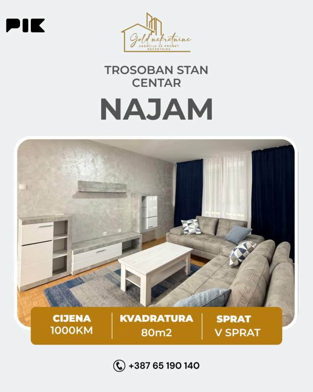 Iznajmljujemo novo renoviran trosoban stan u strogom centru grada