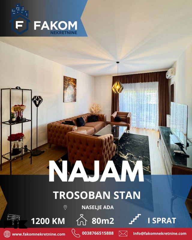 Iznajmljuje se moderno i luksuzno opremljen trosoban stan, Ada
