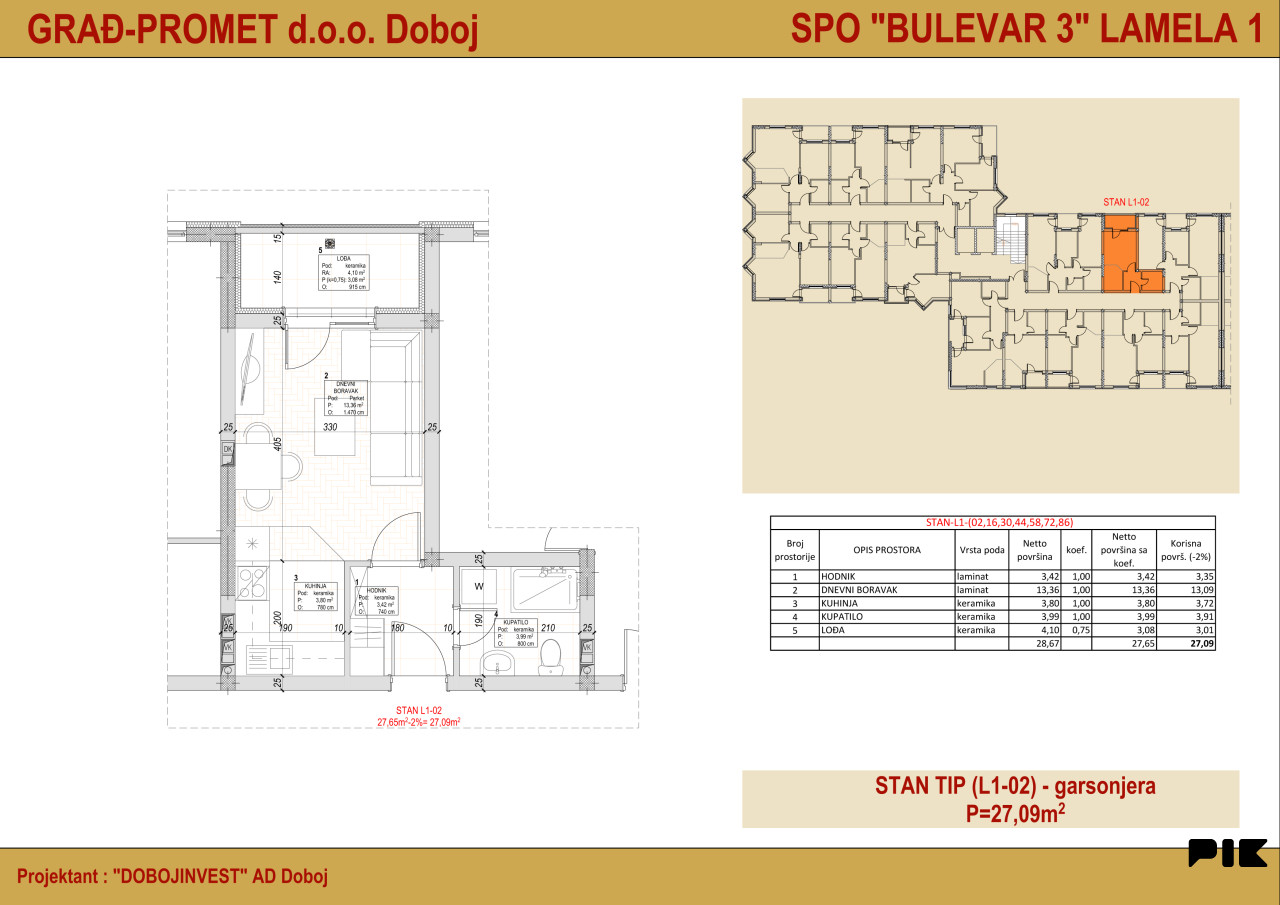 STAN - BULEVAR 3, Lamela 1 Doboj 27.09m2
