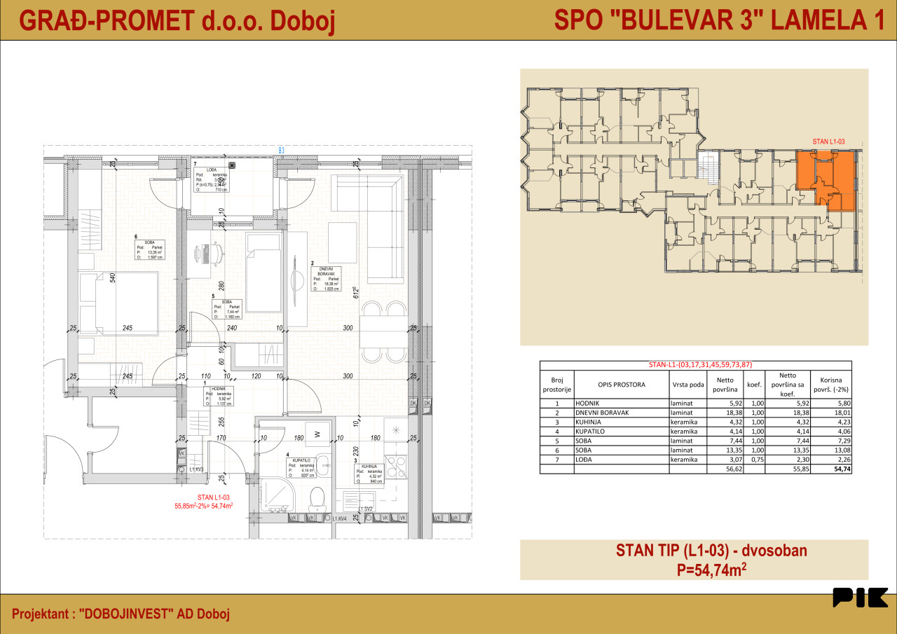 STAN-BULEVAR 3, Lamela 1 Doboj 54.74m2 15