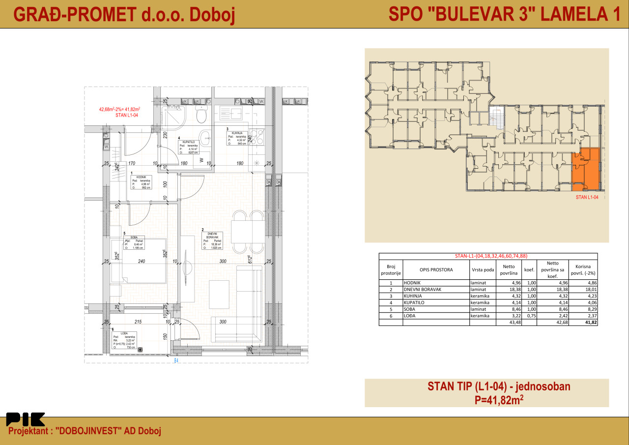 STAN -BULEVAR 3, Lamela 1, Doboj 41.82m2