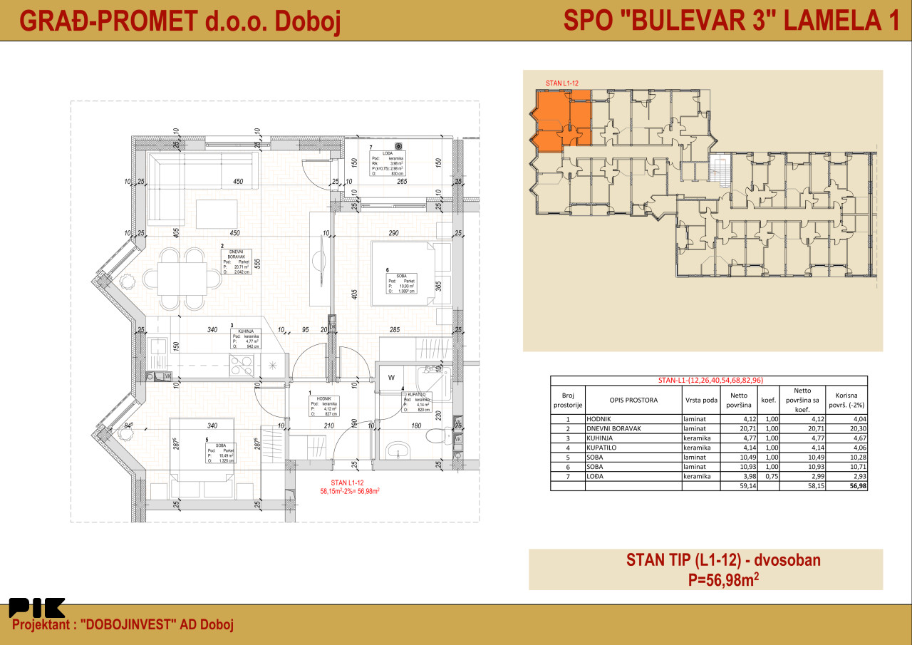 STAN - Bulevar 3, lamela 1, Doboj 56.98m2