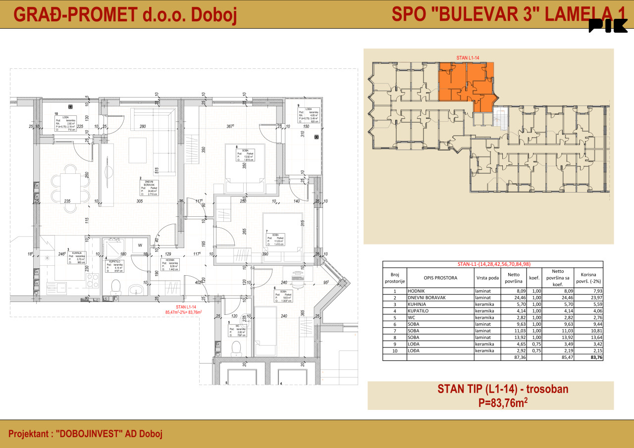STAN , Bulevar 3, lamela 1, Doboj 83.76m2