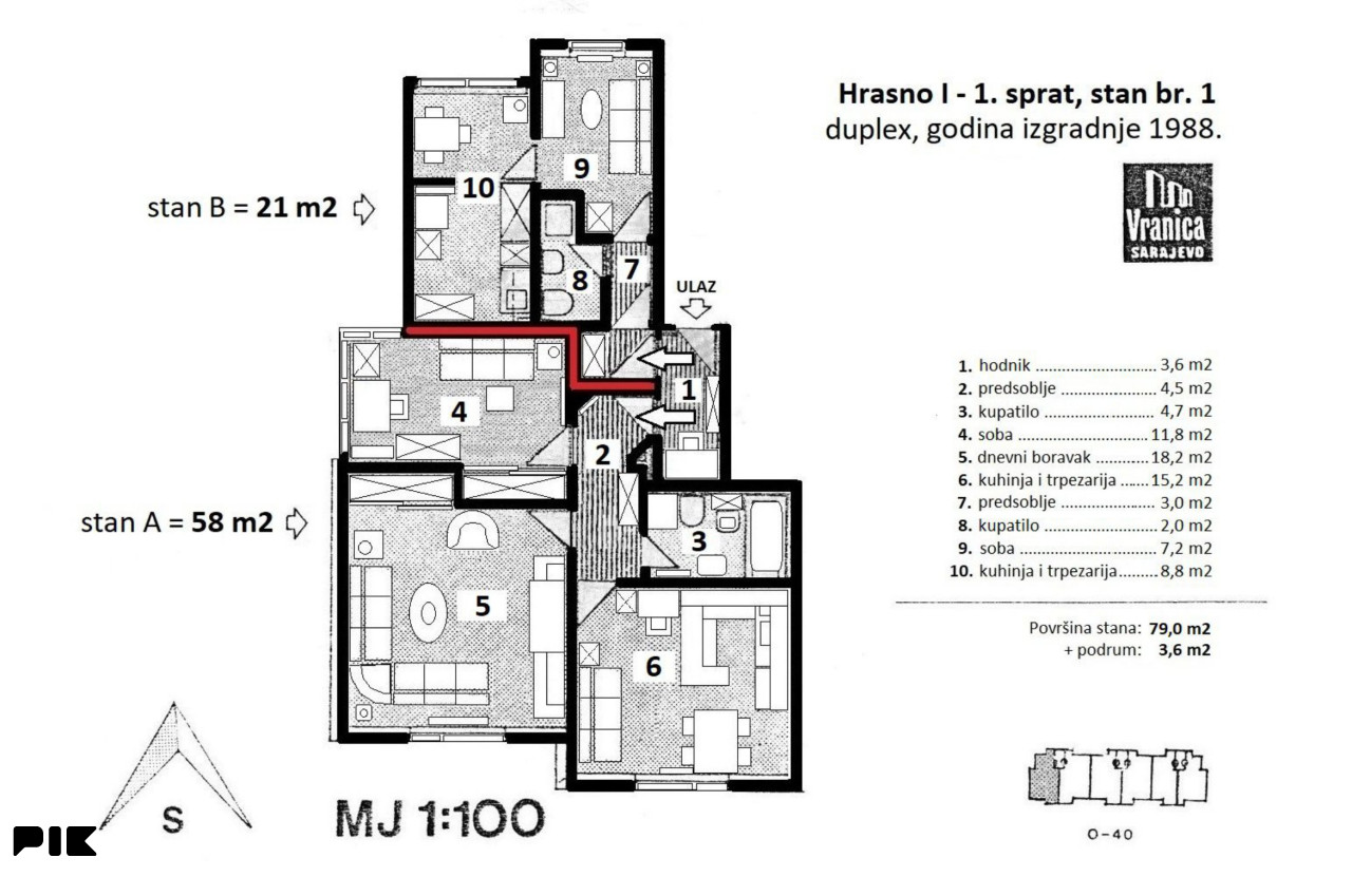 Trosoban stan, 1. sprat, Trg heroja, Hrasno, 79m2