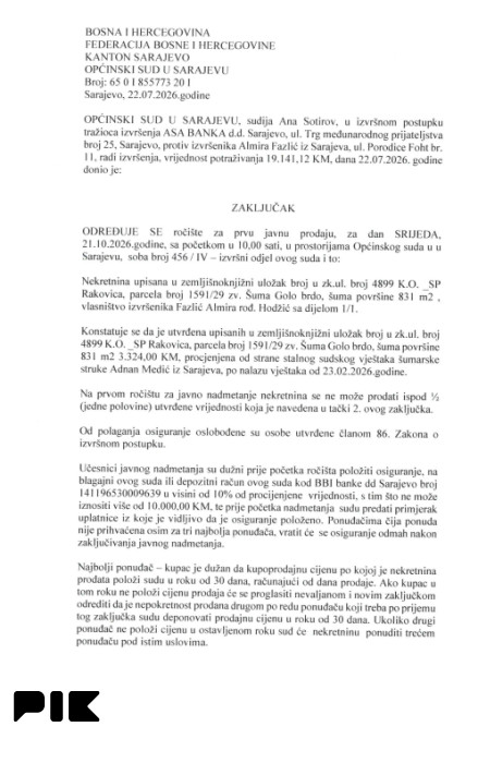 Zemljišta Gladno polje Ilidža- Sudska prodaja