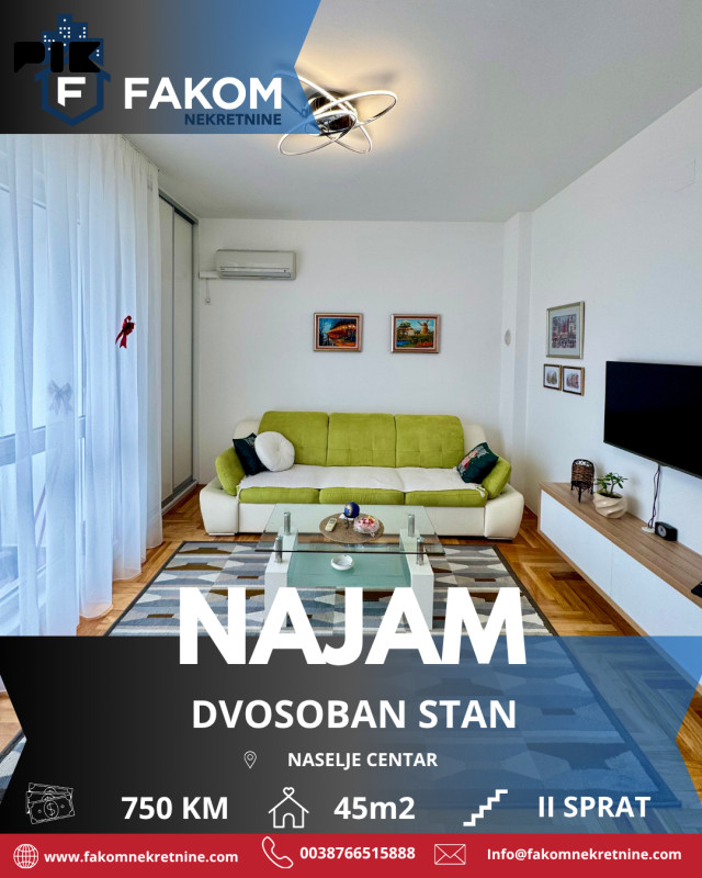 Iznajmljuje se dvosoban stan u centru grada