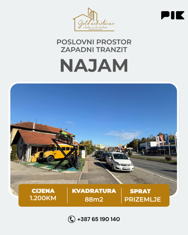 Iznajmljujemo poslovni prostor 88m2, na zapadnom tranzitu