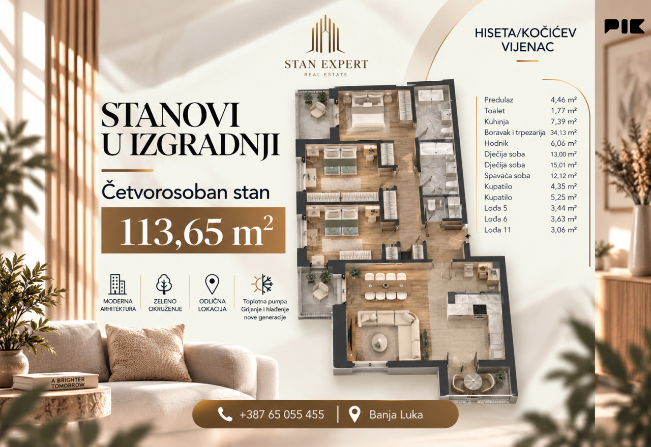 ČETVOROSOBAN STAN 113m2 NOVOGRADNJA HISETA - KOČIĆEV VIJENAC