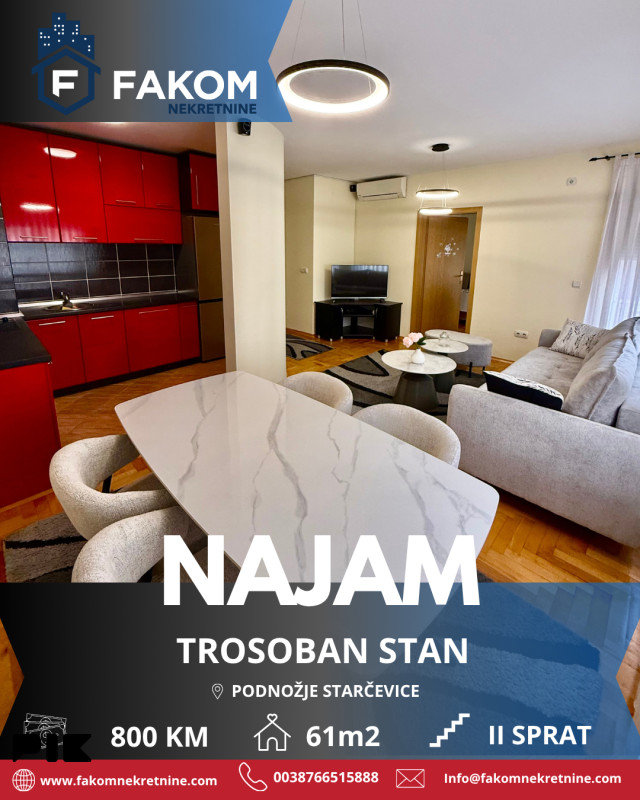 Iznajmljuje se trosoban stan, podnožje Starčevice