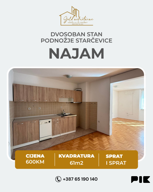 Iznajmljujemo dvosoban nenamješten stan 61m2, podnožje Starčevice