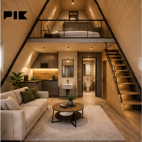 Montažni objekti MONTAŽNA A-FRAME VIKENDICA 6 x 5 m i GALERIJA 3