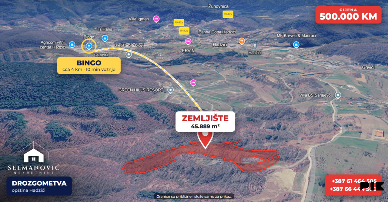 Zemljište 45889m2, Drozgometva - Hadžići, 4 km od centra